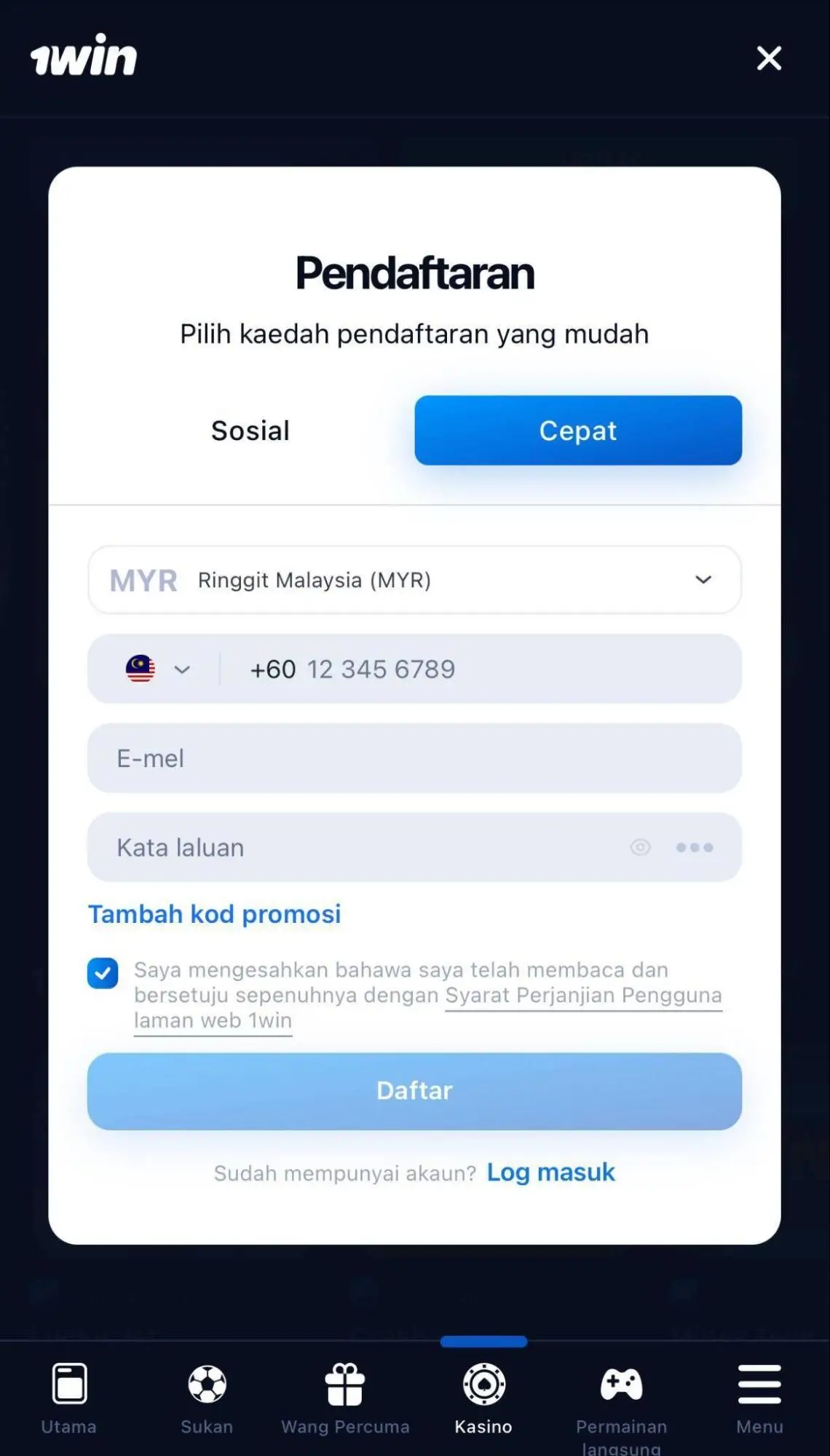 Pendaftaran dan Log Masuk 1win apl