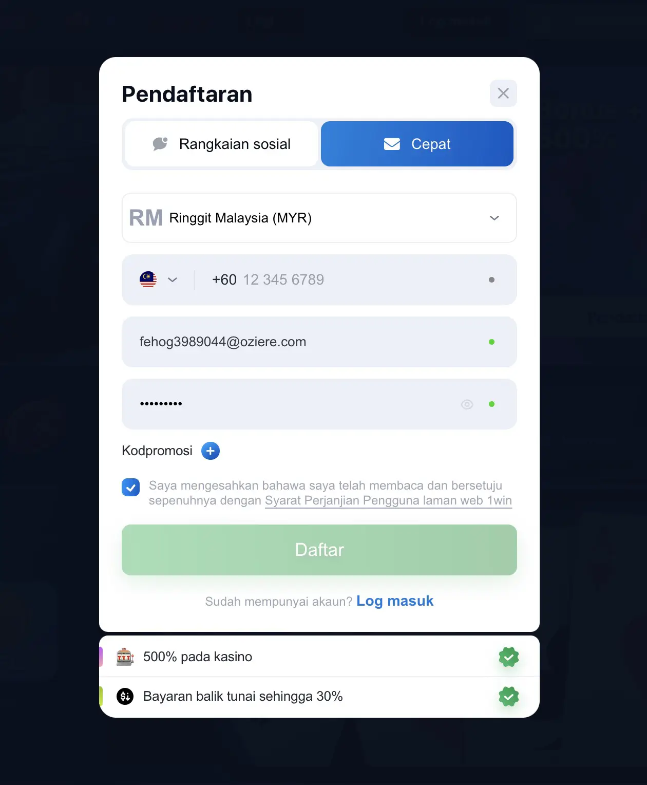 1win registration in Malaysia
